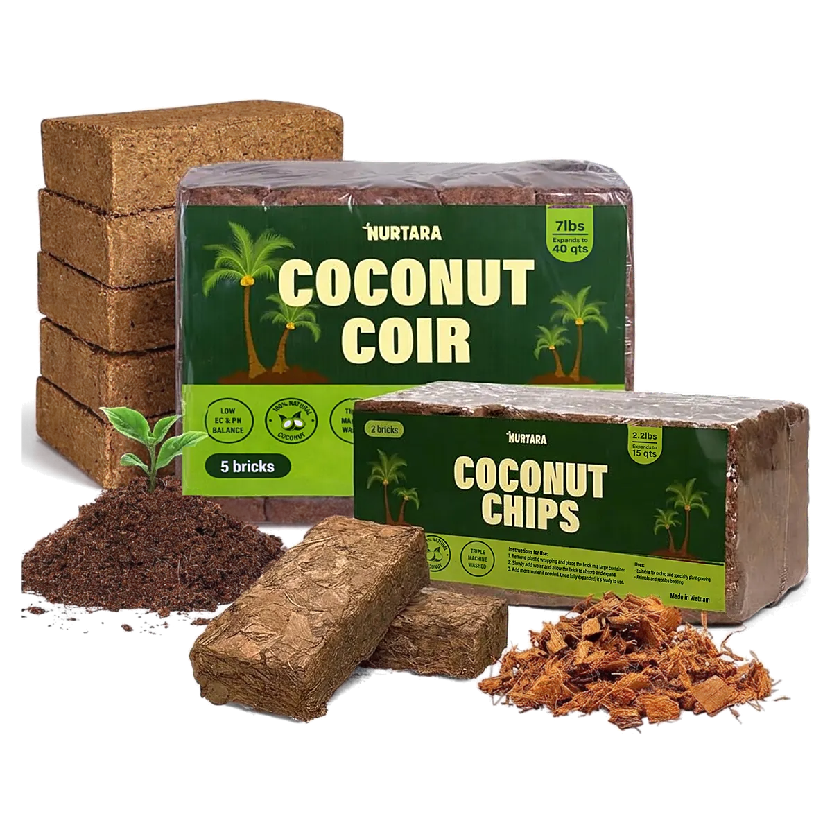 A NURTARA coconut coir 5-brick pack with a coconut chips 2-brick pack